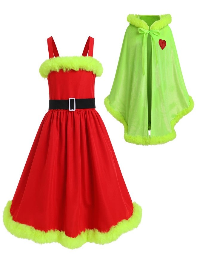 IMEKIS Kids for Girl Santa Mrs Claus Christmas Outfit Princess Gingham with Winter Velvet Cape Cloak Toddler Elf Xmas Holiday Photoshoot Red Green 3-4T - Image 1